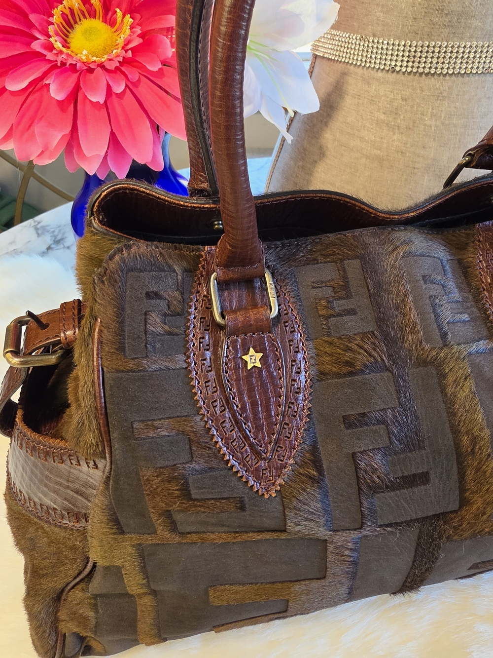 Fendi Zucca FF Pony Hair & Suede Satchel with Leather Handles EUC - Picture 13 of 16